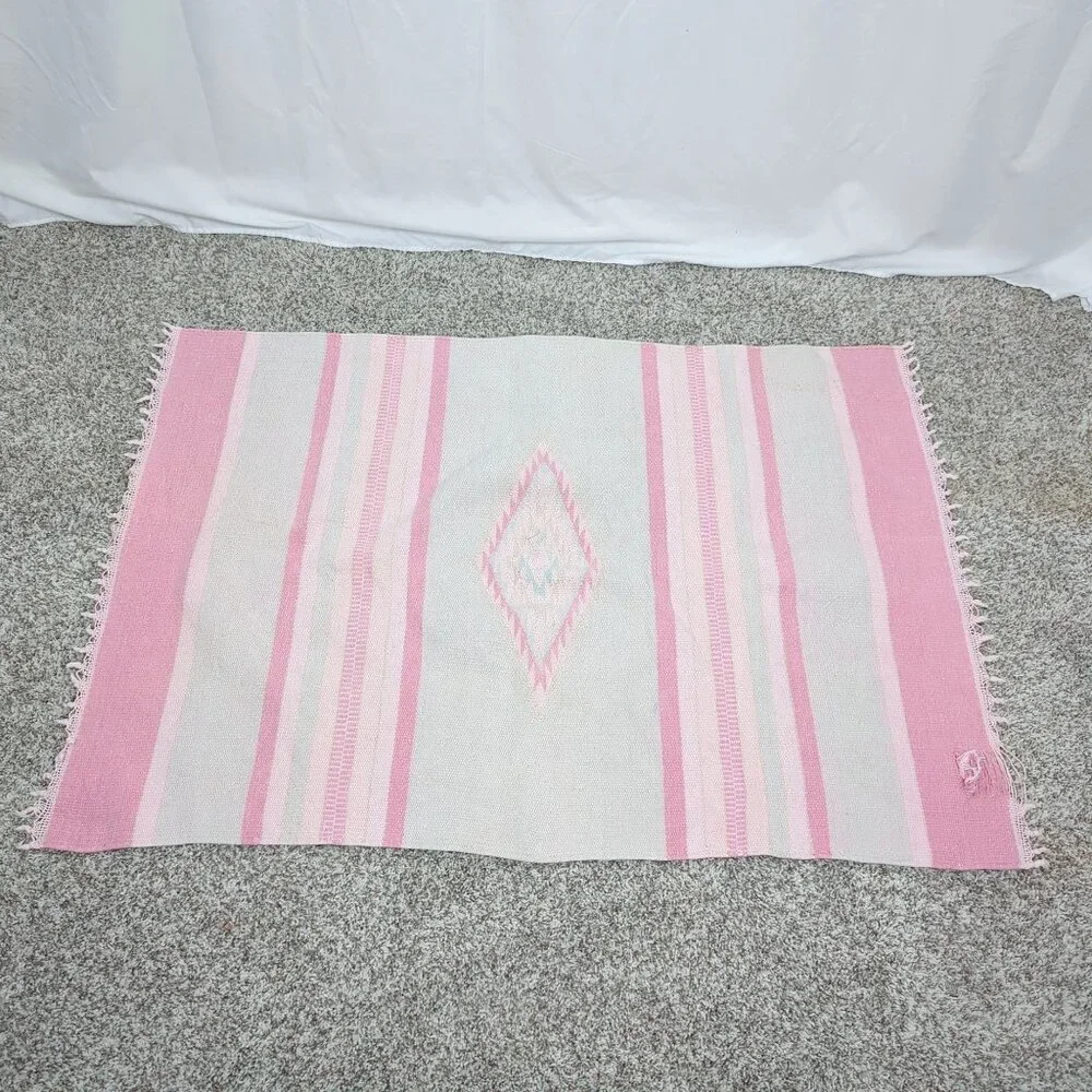 Vintage 80s Pink Rug Indigenous Tapestry Knit Western Southwest Folk